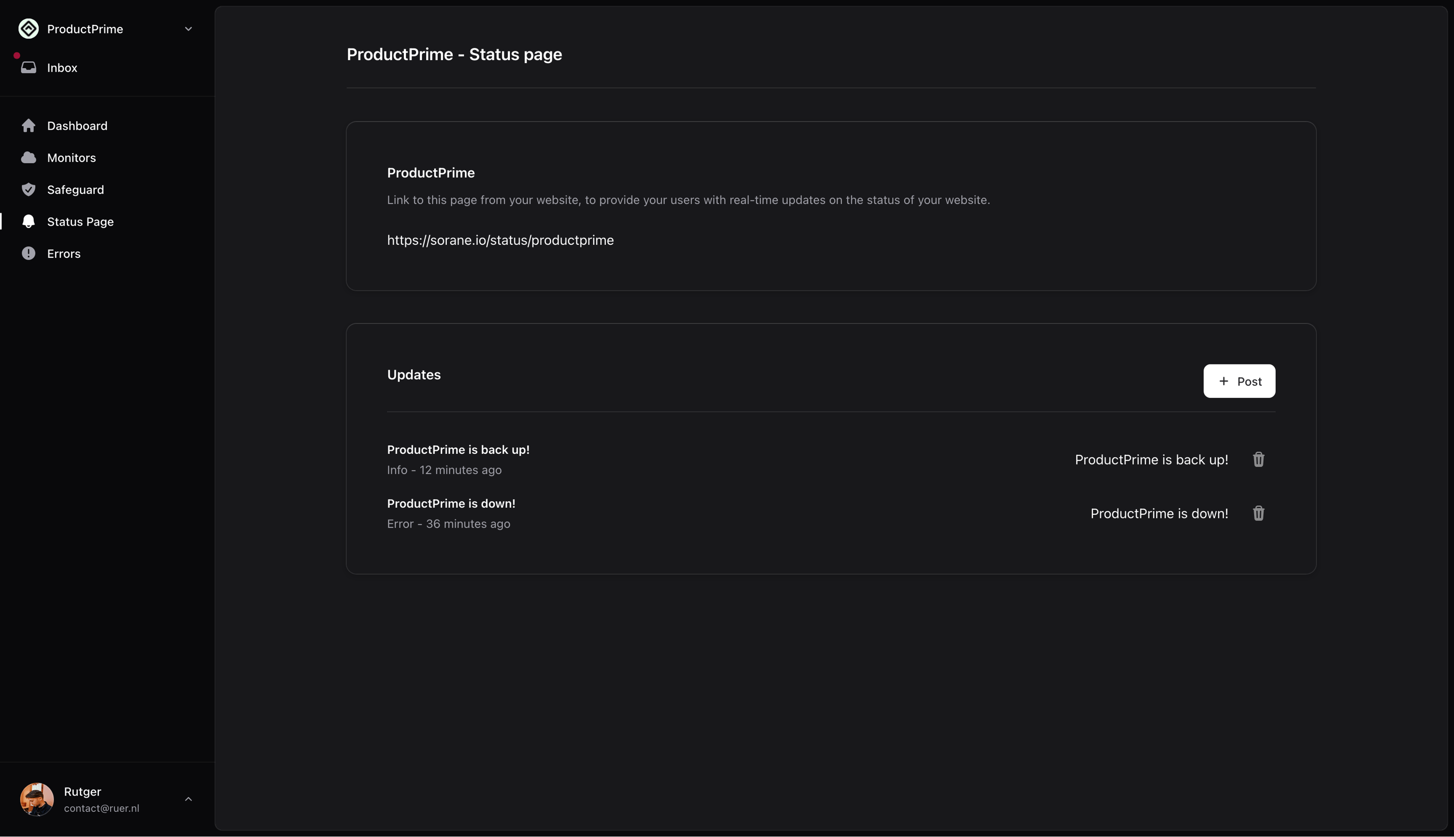 Ranetrace Status pages for Laravel screenshot