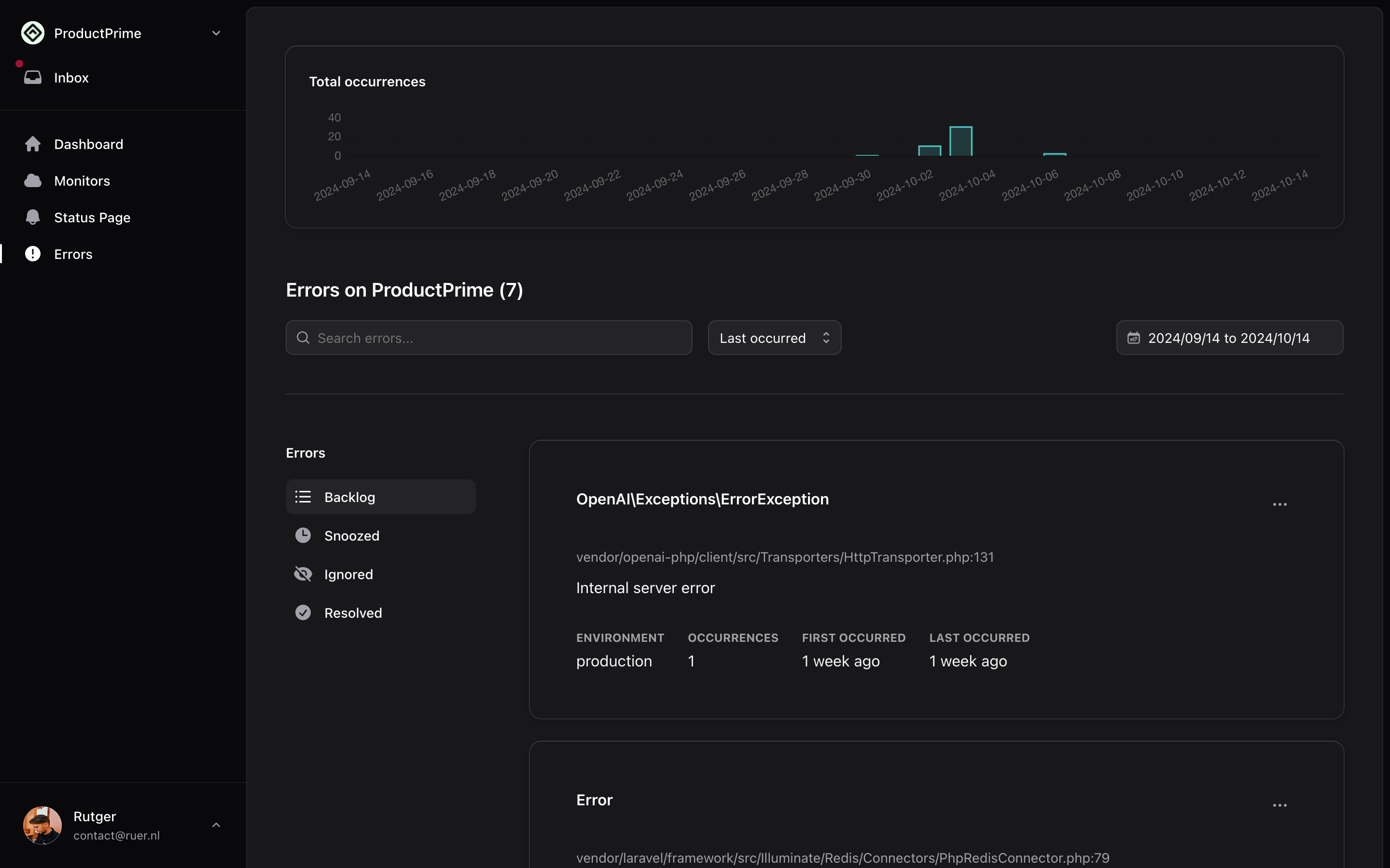 Ranetrace Error monitoring for Laravel screenshot